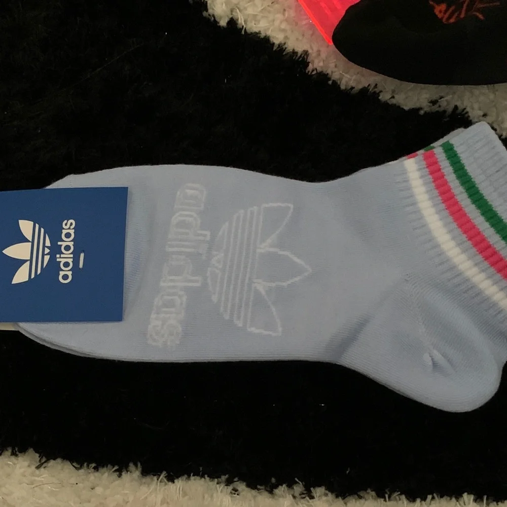 NEW! Adidas Light Blue Crew Socks with Pink and Green Stripes - Picture 2 of 3
